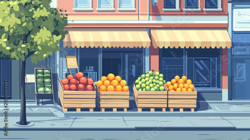 Small city fruit stand with a tree, colorful produce, and storefront