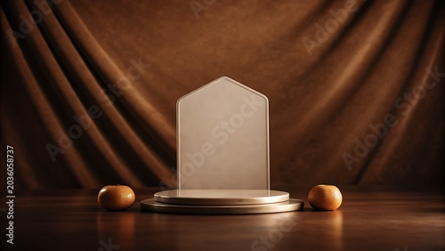 Blank pentagonal sign on round podium with brown velvet curtains