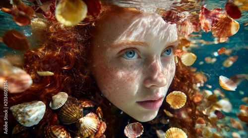 woman redhead underwater with seashells for a top