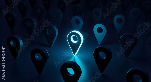 Glowing bright blue location pointer surrounded by dark map pins with location navigation selection highlight technology business opportunity position distinct discovery