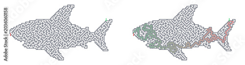 Quadro su tela Shark shaped maze puzzle with highlighted answer