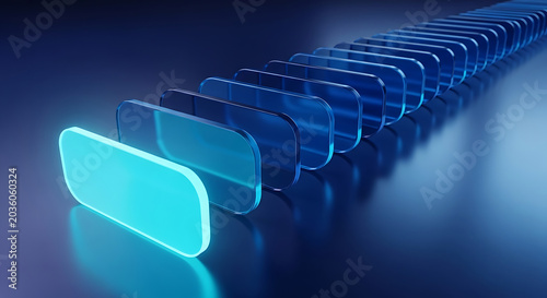 Abstract row of glowing blue translucent rectangular glass plates with abstract translucent technology perspective background geometric structure innovation gradient minimalist composition