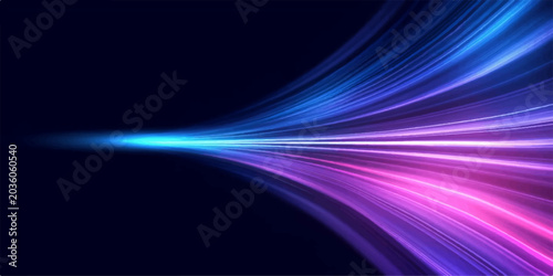 Εκτύπωση καμβά Abstract glowing light trails in blue and purple streaks curve from left to right against a dark background, representing speed and digital data flow