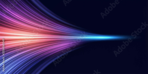 Картината върху платно Abstract streaks of vibrant purple, pink, and blue light converge towards a bright blue point against a dark background, representing speed, data transfer, and digital flow