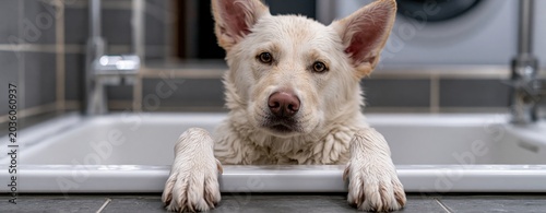 White Dog Looking While Resting Paws on Edge of Home Sink for Bath Time and Pet Friendly Apartment Lifestyle Concept