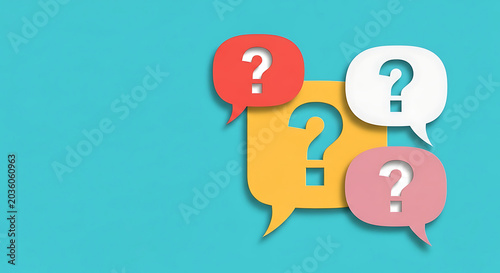Colorful speech bubble icons with question marks on teal background question communication dialogue colorful background information discussion interaction