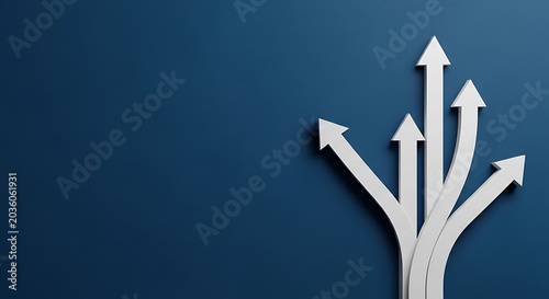 Conceptual white arrows splitting into multiple directions on dark blue background with direction decision business strategy guidance leadership planning development opportunity management