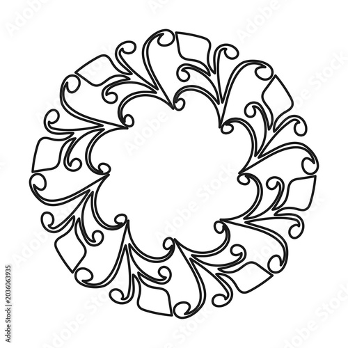 Line art mandala featuring circular swirl scrolls and filigree motifs. Black isolated linear flourish ornament outline for coloring pages, laser cutting, and luxury branding