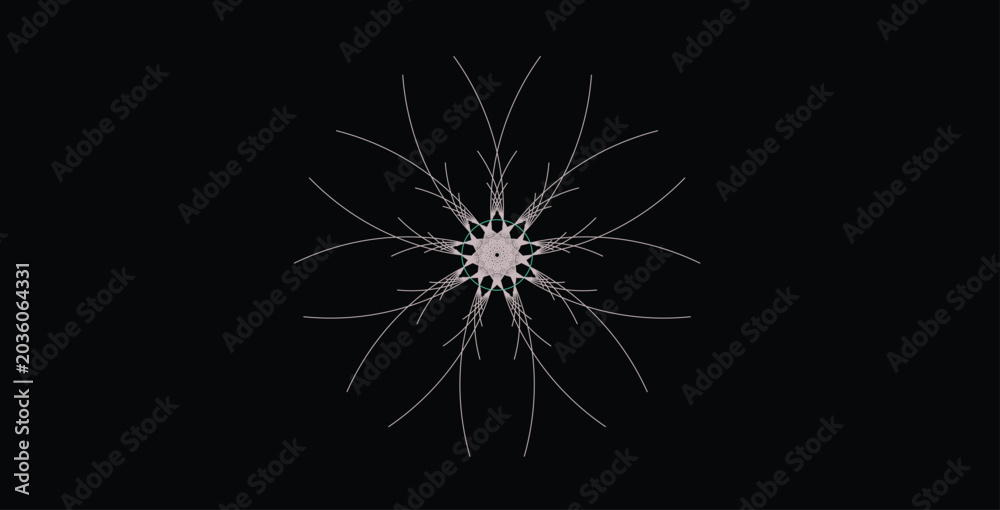 Obraz premium Complex starburst floral ornament with thin radiating curves on black background element.