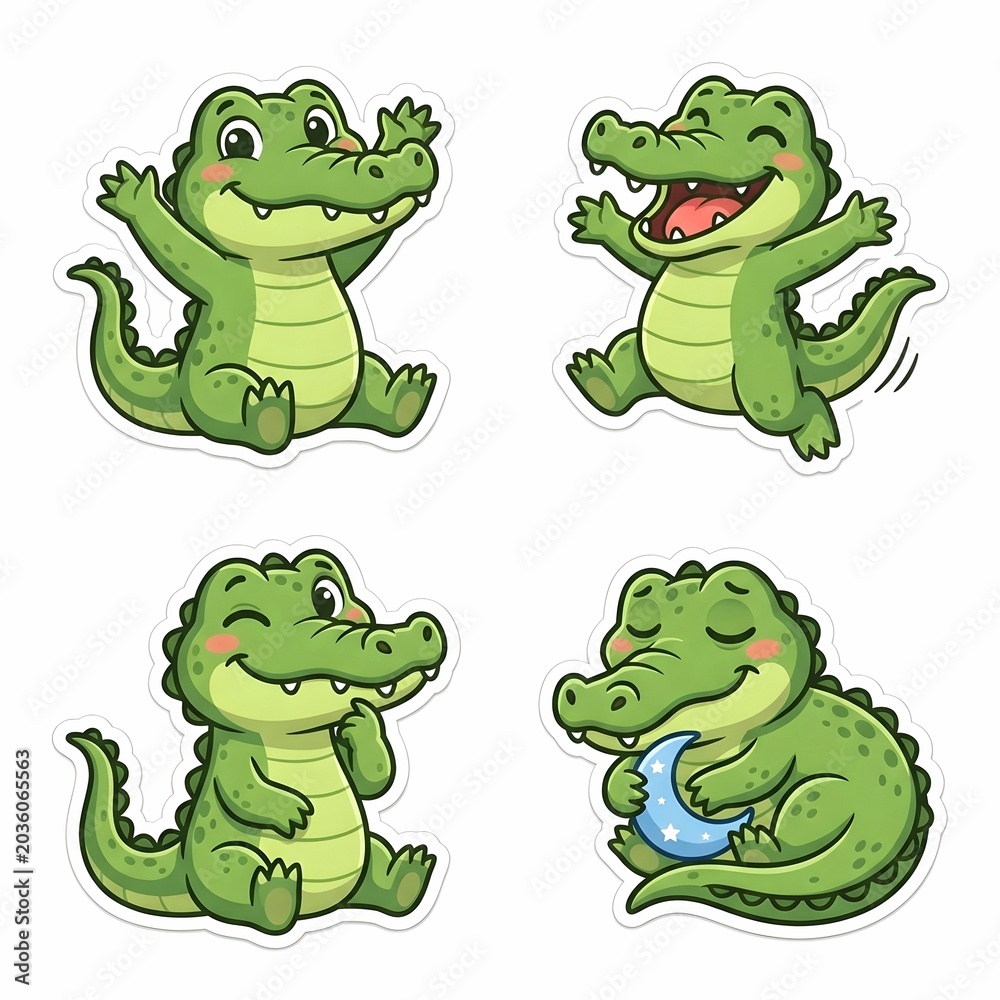 Fototapeta premium Set of cute crocodile stickers with various emotions