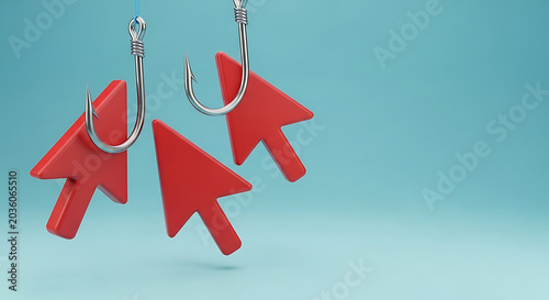 Clickbait concept featuring red computer cursors caught on fishing hooks clickbait internet phishing security marketing technology strategy attention advertising