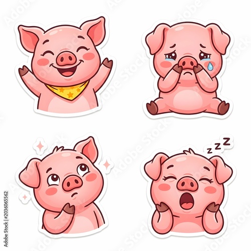 Set of cute pig stickers with various expressions