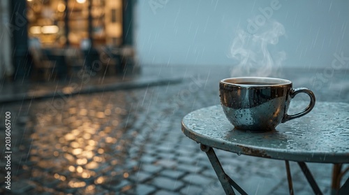 Rainy Day Coffee Cup on Wet Cobblestone Street with Steam, Moody Cafe Vibe and Copy Space

