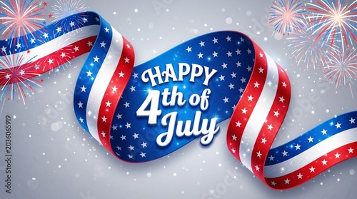 Festive 4th of july banner with fireworks and american flag ribbon