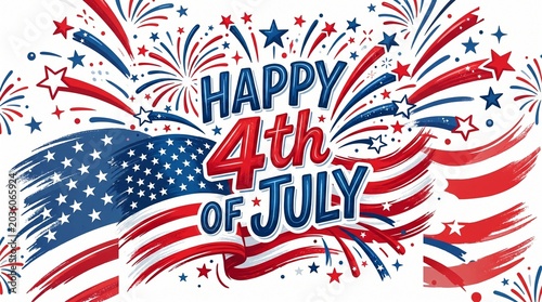 Happy 4th of july patriotic illustration with fireworks and american flag