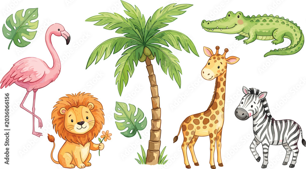Fototapeta premium Cute Safari Animal Watercolor Vector Set with Lion Giraffe Zebra Flamingo Crocodile and Tropical Palm Tree for Nursery Wall Art and Kids Stationery Designs