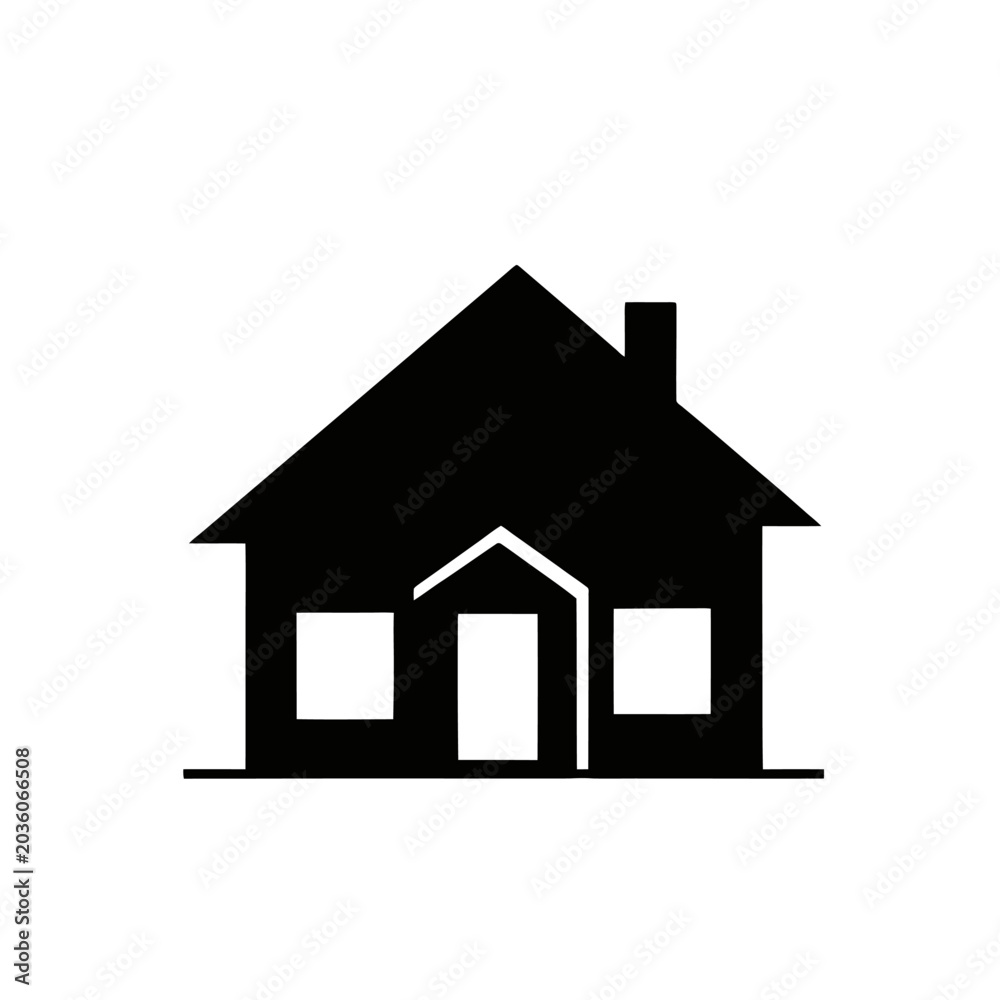 Fototapeta premium Minimalist black silhouette of a cozy house with classic gabled roof and front entrance, simple outline suitable for home decor