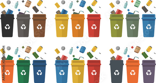Fotografie Colorful Recycling Bin and Trash Can Vector Set with Waste Sorting Garbage Icons