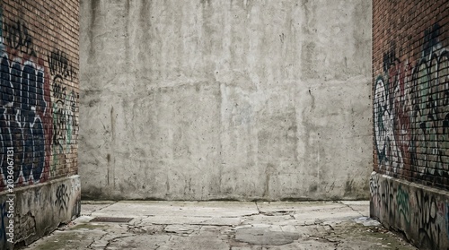Urban Grunge Concrete Wall Background With Graffiti Side Brick Walls, Cracked Pavement And Copy Space