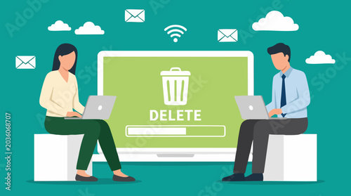 Quadro su tela Digital data management and deletion concept with people working on laptops