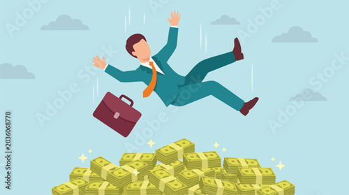 Fotografía Businessman falling towards a large pile of money, financial success concept