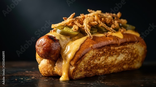 Grilled sausage hot dog with melted cheese, jalapenos, and crispy onions