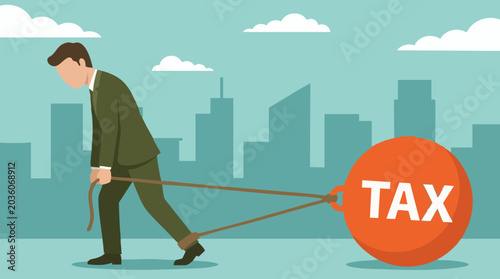 Businessman struggling with heavy tax burden, financial hardship concept
