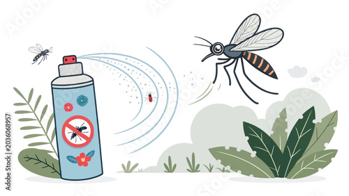 Handheld insecticide spray can protecting against dangerous mosquitoes outdoors in nature with insecticide mosquito protection repellent outdoors chemical prevention illustration environment