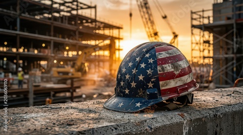 American flag hard hat resting on concrete at a construction site