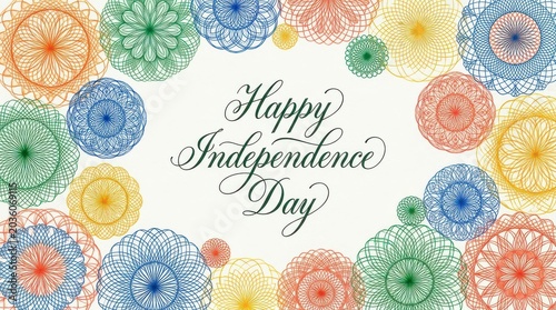 Happy independence day calligraphy with colorful circular guilloche patterns