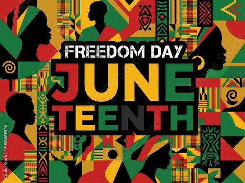 Juneteenth freedom day poster with african patterns and silhouettes