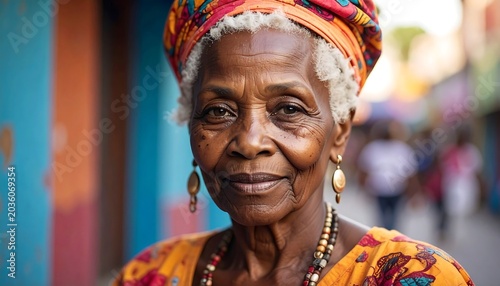 Smiling Elderly African Woman Wearing Colorful Headwrap on Vibrant Street