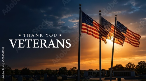 Three american flags waving at sunset with thank you veterans text
