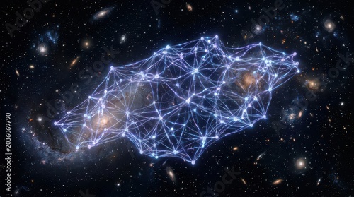 Glowing blue network of connected nodes floating in deep outer space