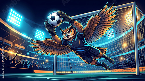 Fantastic Owl Goalkeeper Saving a Soccer Ball in a Night Stadium