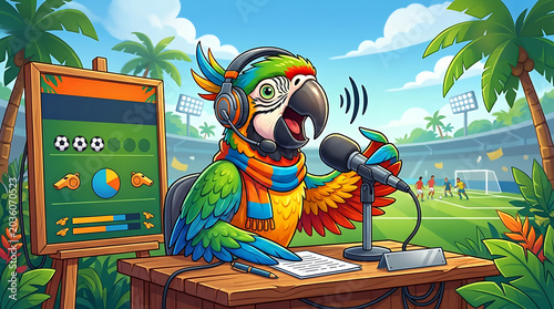 Parrot Sports Commentator Broadcasting Soccer Match in Tropical Stadium