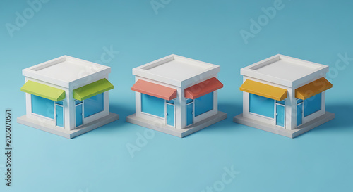 Isometric 3D rendering of three miniature retail shop store buildings with colorful awnings for small business and franchise concept real estate building business isometric miniature franchise