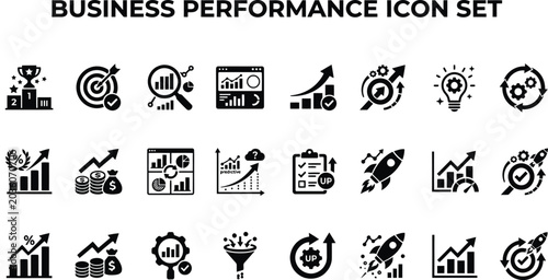 Business performance icon set, black solid vector symbols for data analysis and growth, 24 professional marketing and finance icons for dashboard UI