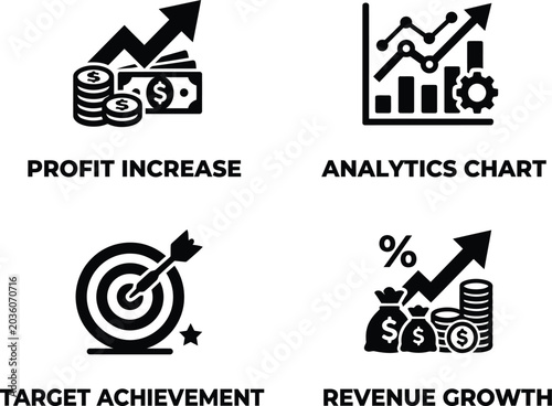 Business growth icons set, profit increase and analytics chart symbols, target achievement and revenue growth vector illustrations for financial reports