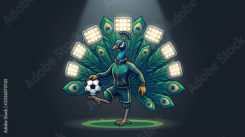Soccer Playing Peacock Mascot Juggling Football Under Stadium Lights