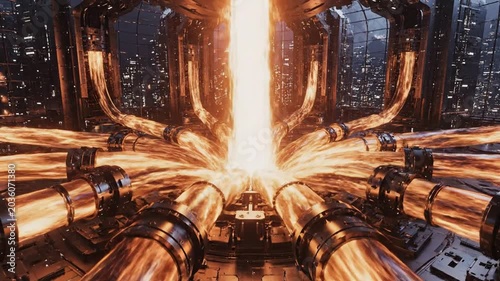 Nuclear reactor core generates immense energy through controlled fusion processes inside a high-tech facility.
