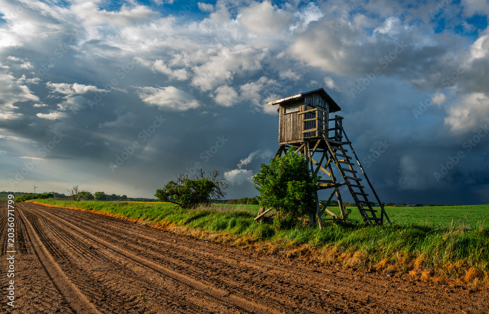 Obraz premium hunting tower in a field during a spring storm