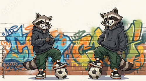 Two Cool Raccoons in Urban Outfits with Soccer Balls by Graffiti Wall