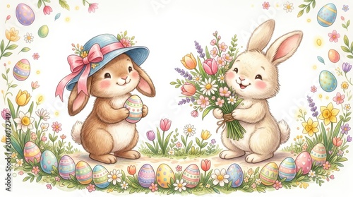 Charming easter bunnies with flowers and eggs illustration for spring celebrations and holiday designs