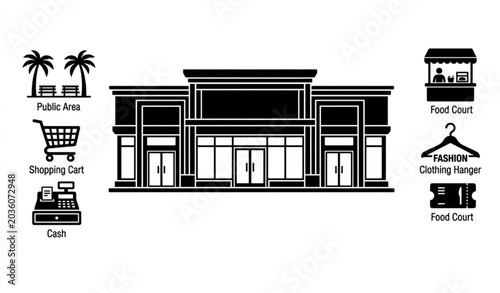 Photos Shopping Mall Building with Retail and Commercial Store Icons Vector