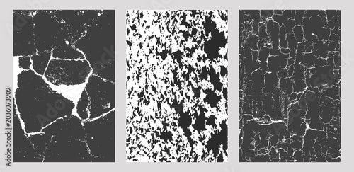 Set of three black-and-white panels with cracked and weathered textures large fissures, chaotic granular patches, and fine aged cracks, distressed abstract backgrounds for design or art