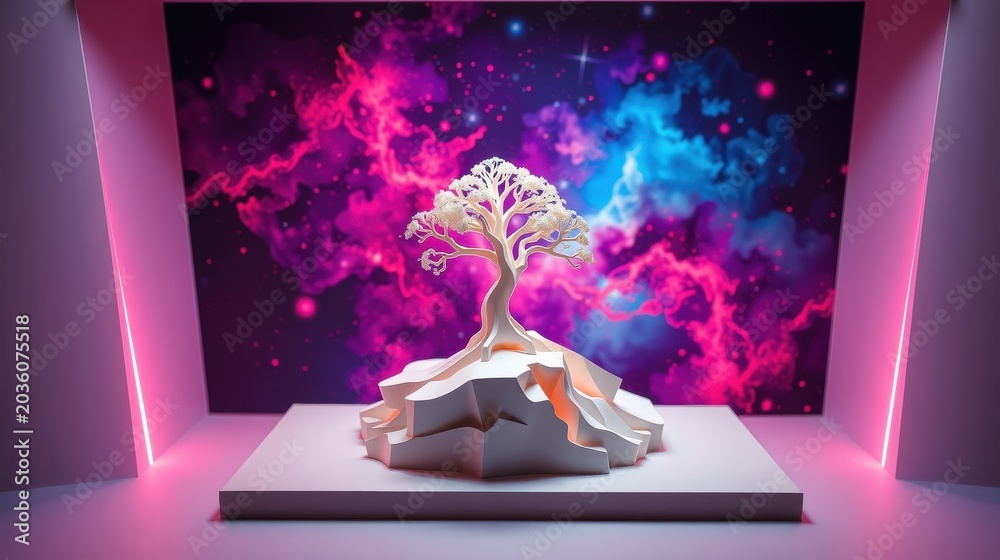Obraz premium Stylized tree sculpture sits upon platform. Background features vibrant nebula, cosmic colors, dramatic lighting. Minimalist presentation.