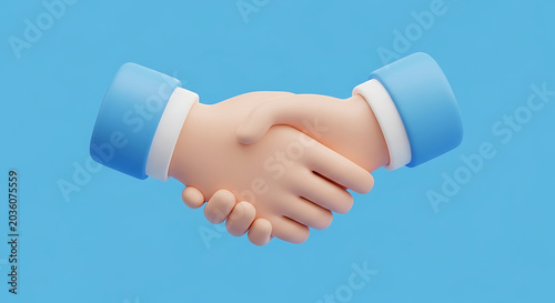 3D render of two cartoon hands shaking in agreement and partnership on a blue background with handshake agreement partnership business collaboration greeting cooperation friendship contract