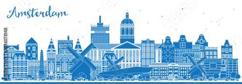 Outline Amsterdam Holland City Skyline with Blue Buildings. Illustration. Business Travel and Tourism Concept with Historic Architecture. Amsterdam Netherlands Cityscape with Landmarks.