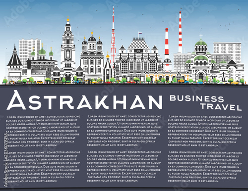 Canvastavla Astrakhan Russia city skyline with color buildings, blue sky and copy space